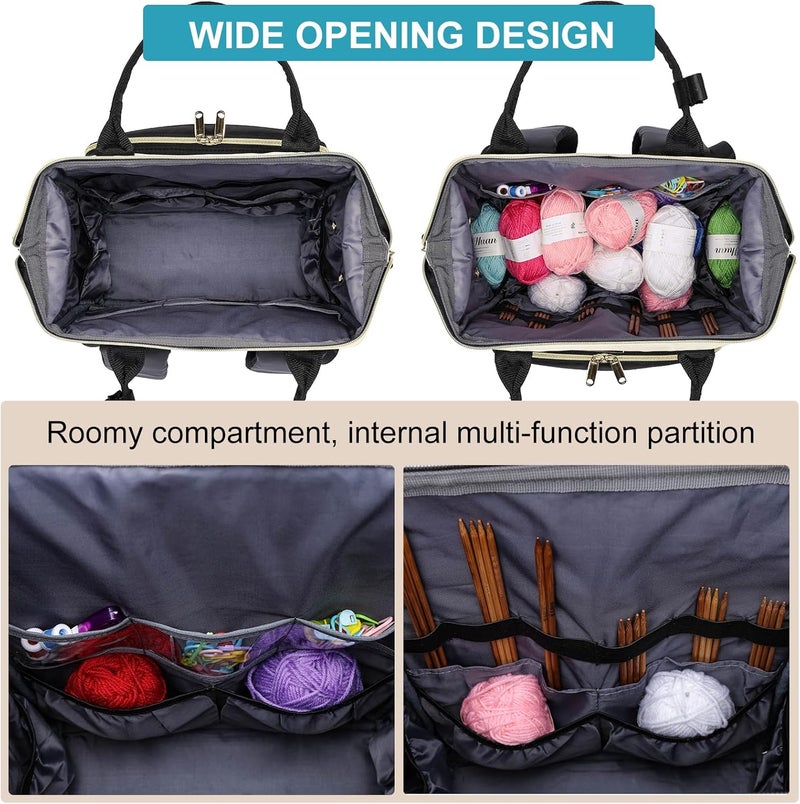 Kuosdaz Crochet Bag Backpack, Large Yarn Storage Crochet Organizer, Christmas Gifts Travel Crochet Backpack for Women, Knitting & Crochet Accessories for Crochet Hooks, Black & White - Image 3